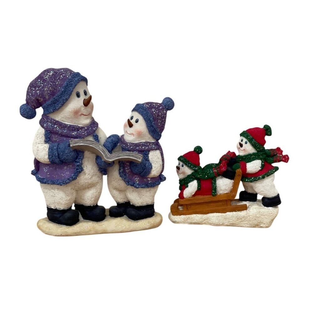 Christmas Snowman Family Figurines Set Carolers and Sledding Expressive Glitter